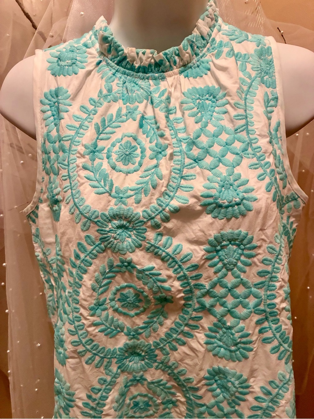 Women's Sleeveless Embroidered Shift Dress - White & Aqua - Picture 2 of 5